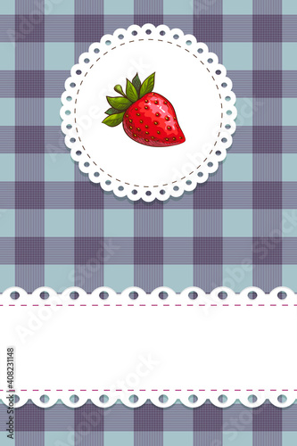 round strawberry label on blue chequered background with scallop border and lacy doily frame vector banner. colorful strawberry jam packaging, logo design element in retro country style. Illustration.
