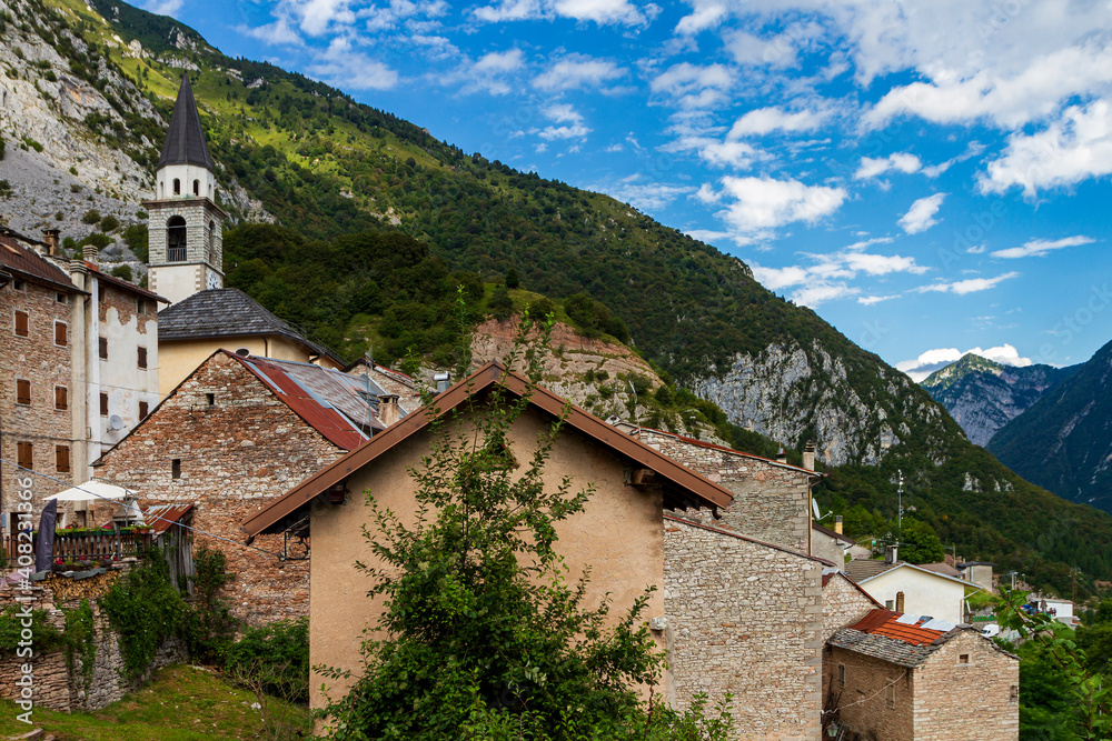 View of the old village of Erto located above the Vajont dam.This village was badly damaged by the Vajont dam disaster