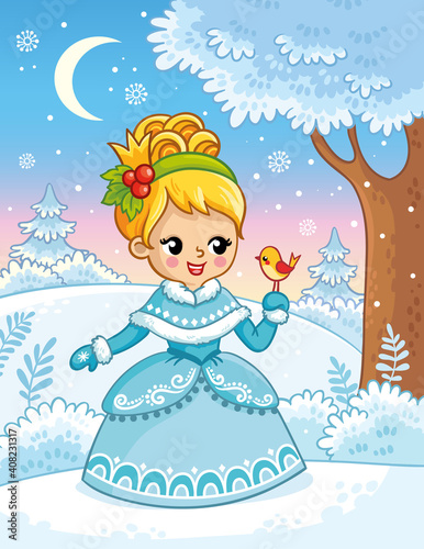 Cute princess in a cartoon style in snow forest and holding a bird in her hands.