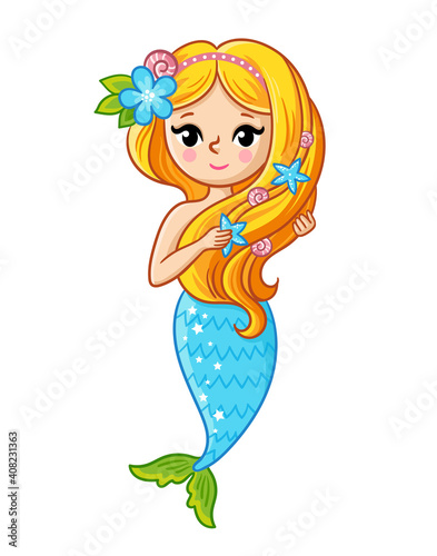 Cute mermaid with a blue tail on a white background strokes her lush hair.