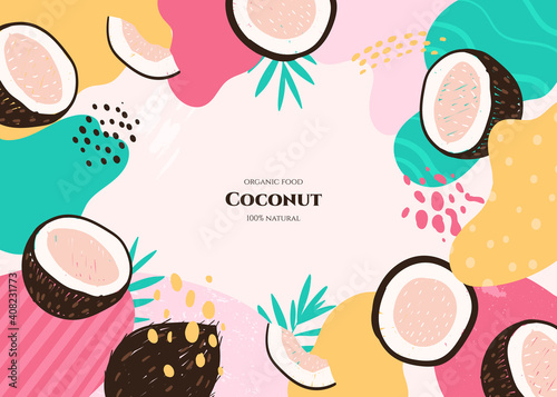 Vector frame with doodle coconut and abstract elements. Hand drawn illustrations.