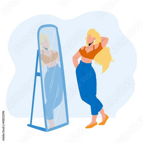 At Mirror Reflection Looking Stylish Girl Vector