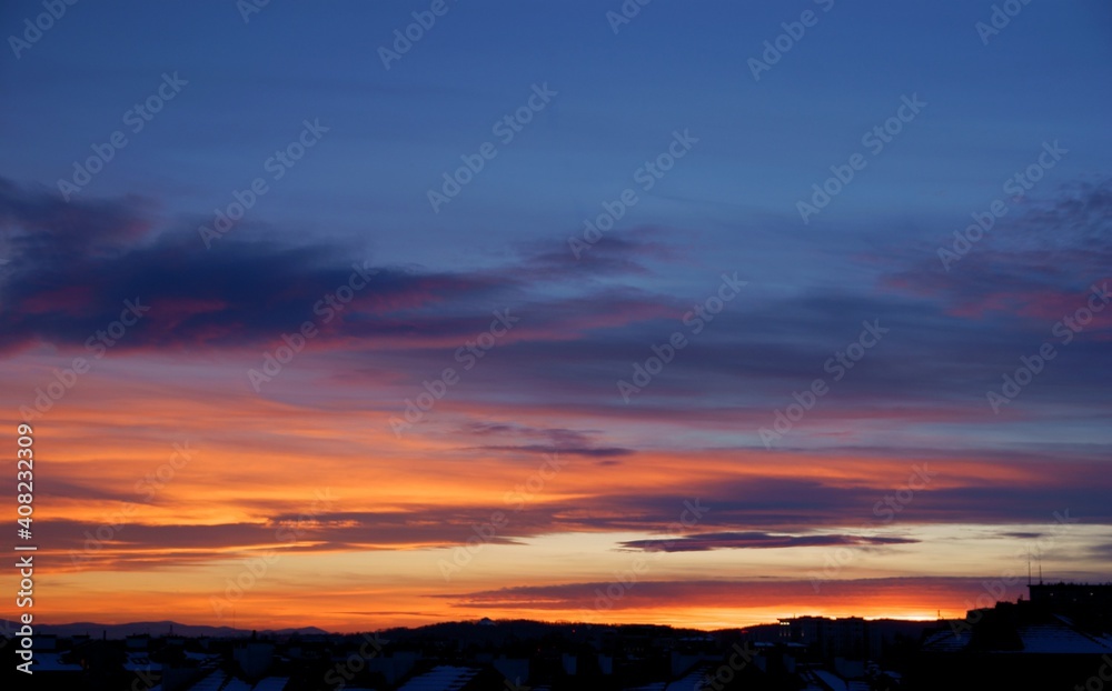 picturesque landscape of winter sunset 