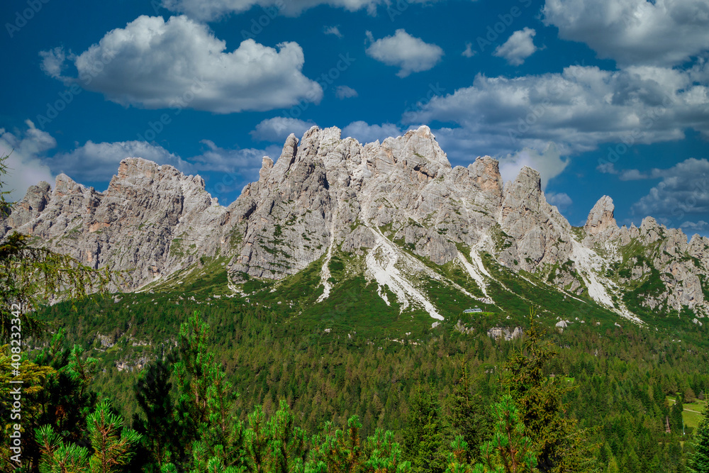 Suggestive view of the Dolomites mountain in a clarely summer morning.