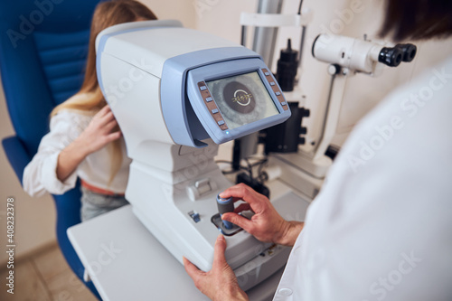 Image of modern special machine for examining eyes in medicine clinic