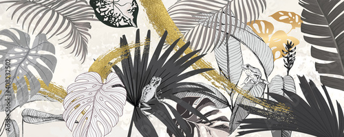 Luxury tropical palm tree and  summer background vector with golden metallic home decorate wall art