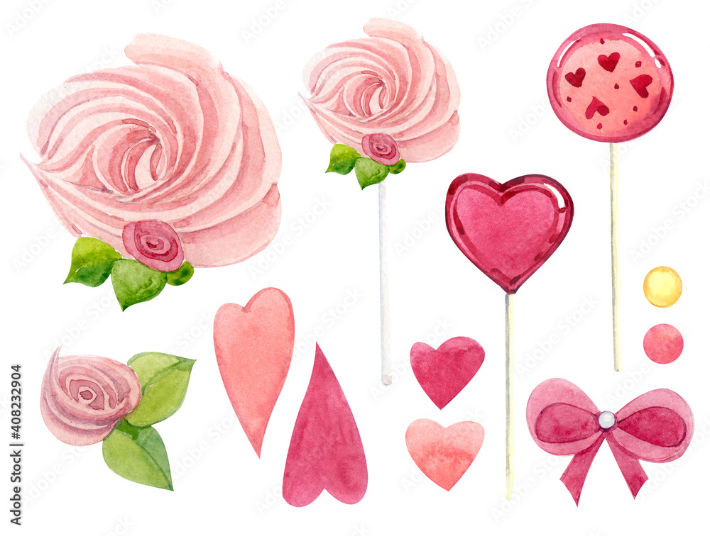 Clip Art of sweets. Watercolor elements. Marshmallows and hearts painted in watercolors. Valentine's Day. Clip Art of sweets. Watercolor elements. Marshmallows and hearts painted in watercolors. Valentine's Day.