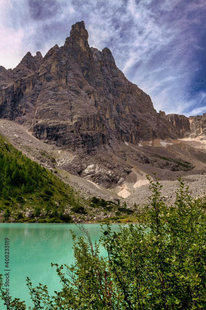 View of the Sorapis lake in the Dolomites mountain. View of the Sorapis lake in the Dolomites mountain.