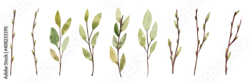 Canvas-taulu Set of watercolor spring twigs with buds and green leaves.