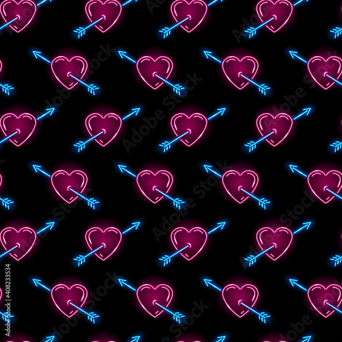 Seamless pattern with neon icons of heart with arrow on black background. St. Valentine's Day, wedding, love, romance concept. Vector 10 EPS illustration.
