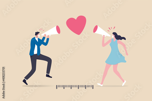 Social distancing valentine, lover couple telling I love you by keeping distance away due to COVID-19 Coronavirus concept, lovely boyfriend and girlfriend speak through megaphone with love heart shape