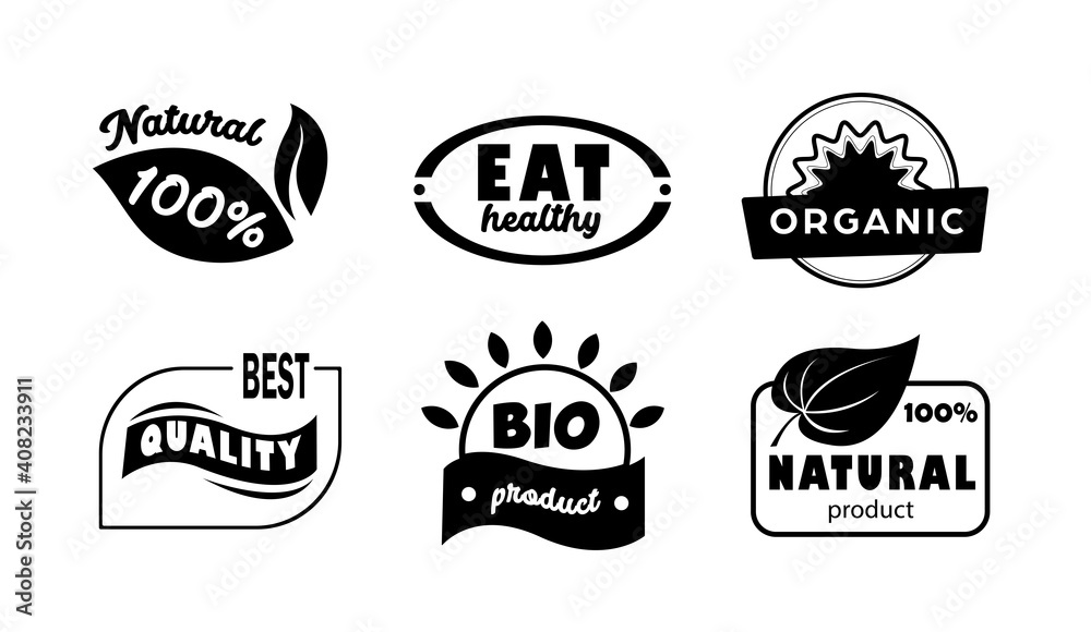 Set of black and white eco labels. Organic food, vector illustration for food market, e-commerce, restaurant, healthy life and premium quality food and drink promotion.