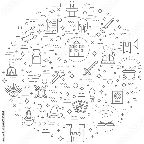 Simple Set of magic and witch Related Vector Line Illustration. Contains such Icons as alchemy, storybook, fairy tale, fantasy, wizard, enchantment and Other Elements.