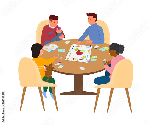 Kids Playing Board Game At Table  Vector Illustration. Isolated On White.