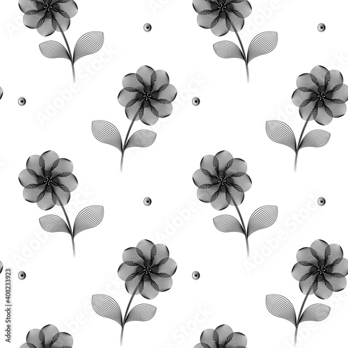 
Seamless pattern with black and white floral design. Vector illustration with large flower, endless texture for seasonal romantic design