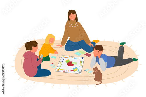 Mother Or Teacher Playing Boardgame With Children On The Floor. Vector Illustration. Isolated On White.