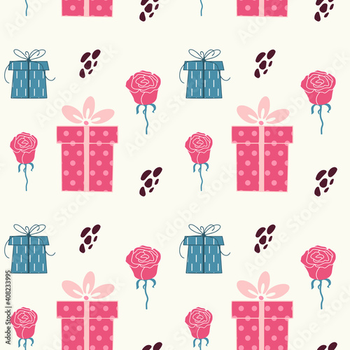 
Seamless background with gift boxes, rose and abstract shapes. Vector graphics