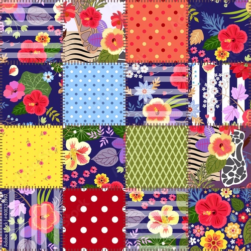 Patchwork seamless pattern from stitched squares. Bright tropical flowers and geometric ornaments. Vector illustration. Print for fabric and textile.