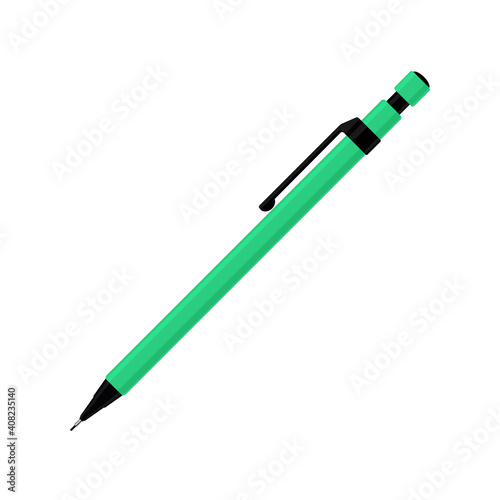 Mechanical pencil in green case with plastic cap. Vector illustration