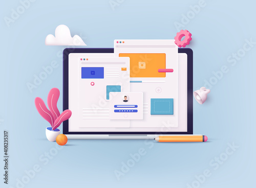 3D Web Vector Illustrations. Concept of Seo Optimization for website and mobile website. Landing page template.