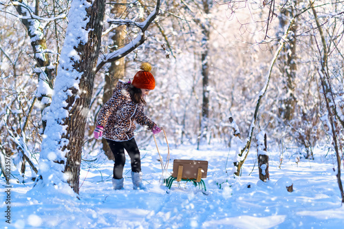 child girl walks with sledge in the winter forest, bright sunlight and shadows on the snow, beautiful nature