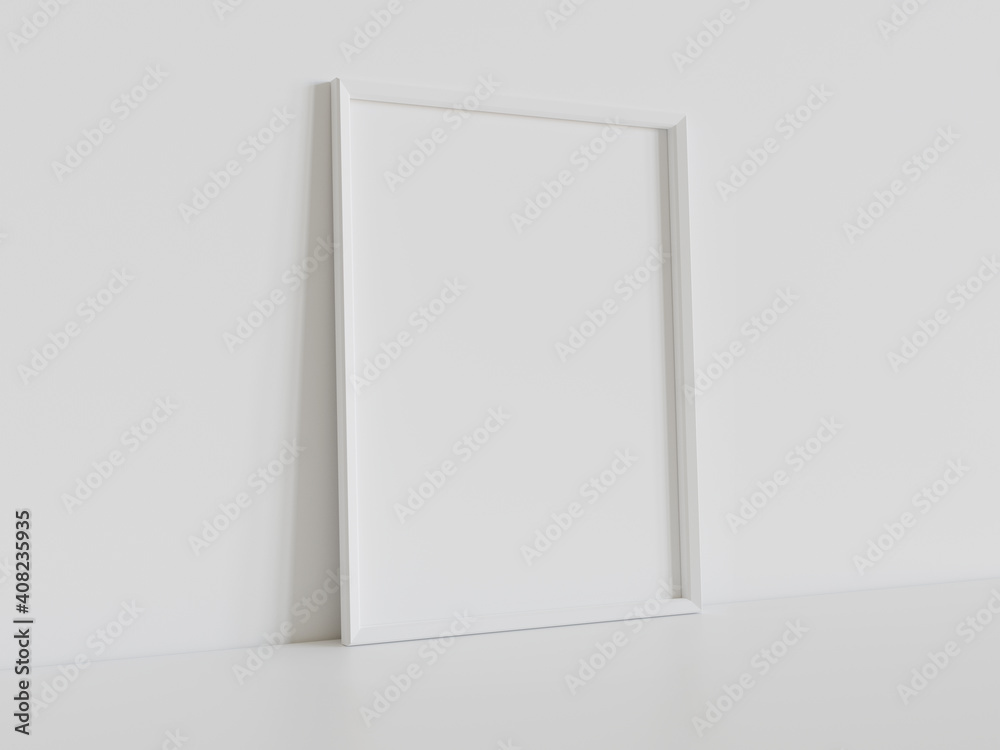 White frame leaning on white floor in interior mockup. Template of a picture framed on a wall 3D rendering White frame leaning on white floor in interior mockup. Template of a picture framed on a wall 3D rendering