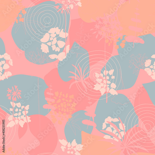 Vector organic seamless abstract background  botanical motif with stylized leaves  flowers and simple geometric shapes. Freehand doodles pattern.