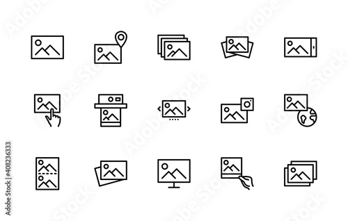 Photo vector linear icons set. Photograph management. Contains such Icons as camera, location, image, edit, print, gallery and more. Isolated collection of photography for websites icon and mobile.