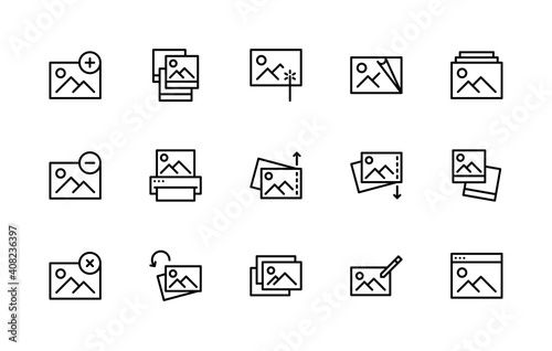 Set of photo vector linear icons. Photograph management. Contains such Icons as enhance Image, edit, print, rotation, image and more. Isolated collection of photography for websites icon and mobile.