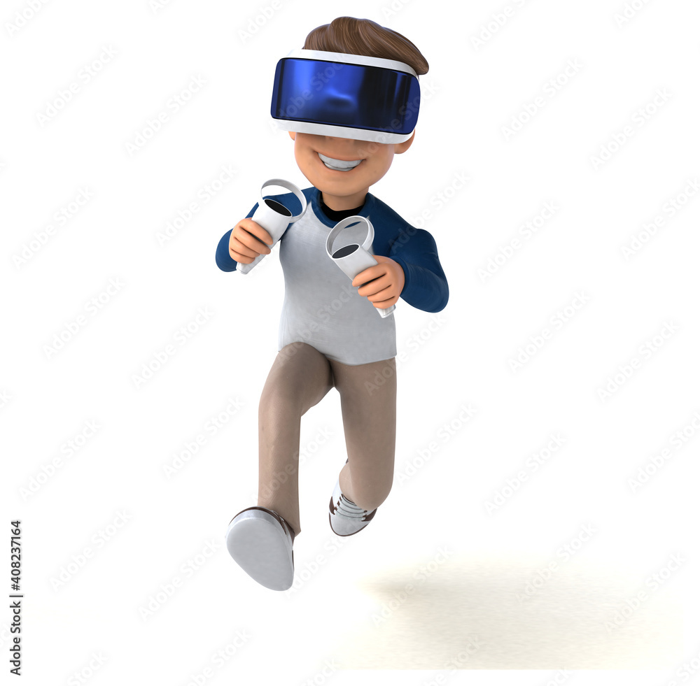 Fun 3D illustration of a cartoon kid with a VR helmet Fun 3D illustration of a cartoon kid with a VR helmet