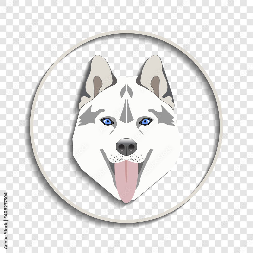 Round emblem or icon with shadows. White head of a dog with open mouth and tongue. EPS10
