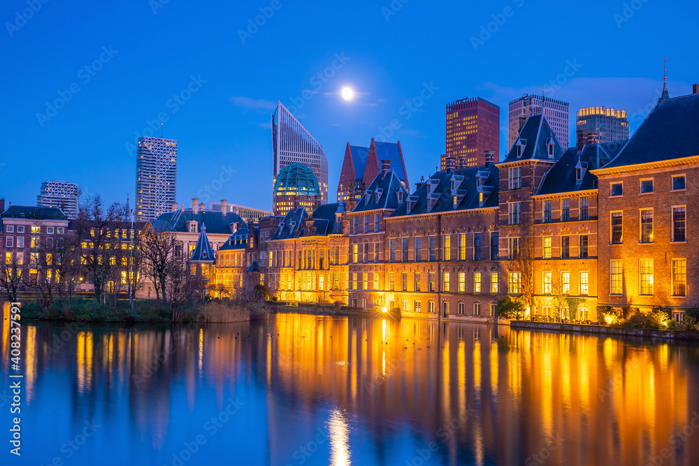 Binnenhof castle (Dutch Parliament) cityscape downtown skyline of  Hague in Netherlands