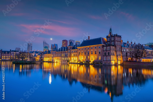 Binnenhof castle (Dutch Parliament) cityscape downtown skyline of Hague in Netherlands