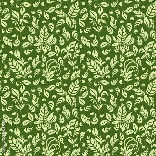 Seamless green background with olive pattern in baroque style. Vector retro illustration. Ideal for printing on fabric or paper for wallpapers, textile, wrapping.
