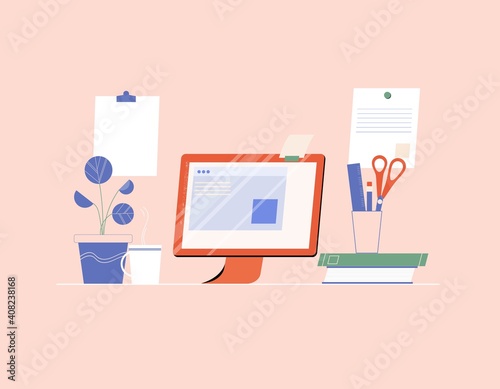 Workplace illustration with computer and documents. Template banner. Vector home office and freelancer workplace concept. photo