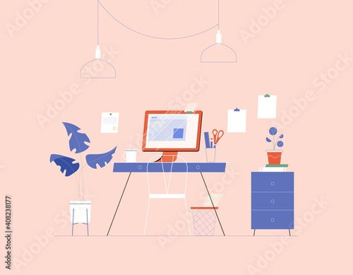 Workplace illustration with computer, desk, documents. Vector home office and freelancer workspace concept.