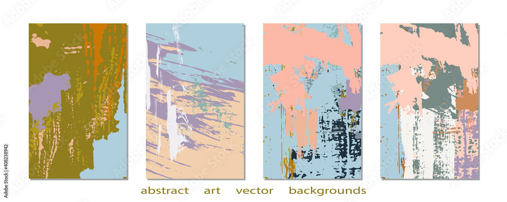 Collection of abstract creative backgrounds. Hand painted textures set. Trendy graphic artwork for poster, cover, invitation,flyer. Vector templates with paint strokes and shapes in pastel retro color