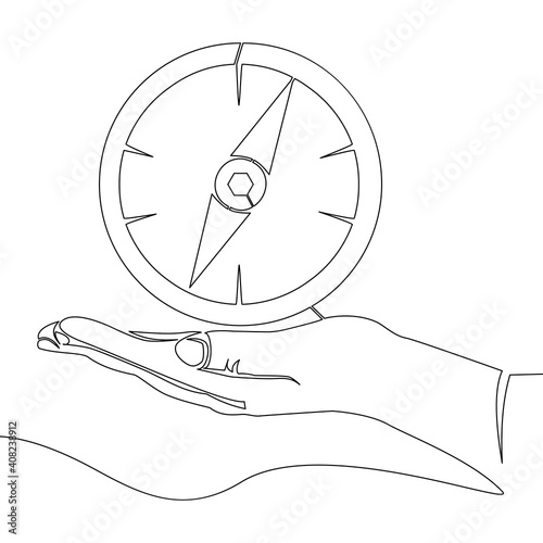 Continuous line drawing hand holding compass