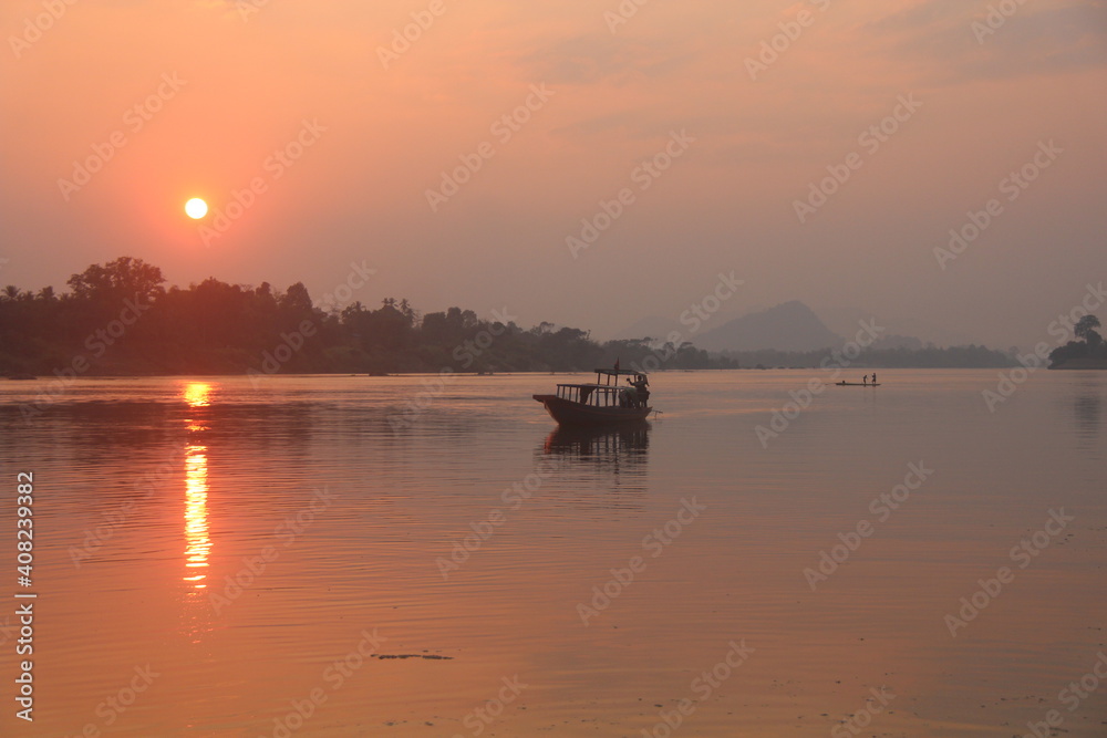 Cambodia. Mekong river. Sunset on the Mekong River, in the province of Stung Treng, border with Laos.