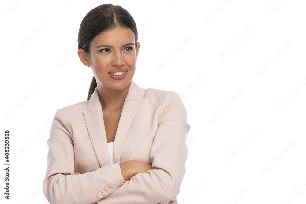 smart casual businesswoman in pink jacket crossing arms smart casual businesswoman in pink jacket crossing arms