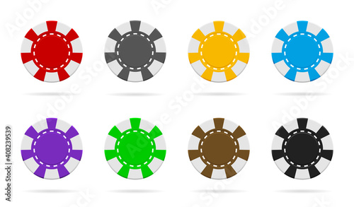 Poker and casino chip. Gamble logo. Icon of token for poker. Blackjack coin. Macau icon. Equipment of top gambling. Graphic for bet of roulette. Entertainment in vegas. Chips in front view. Vector