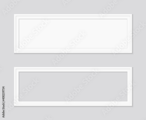 White frame for picture and photo. Mockup of square frame on wall. Empty box for picture with shadow isolated on gray background. Realistic blank template for gallery and photoframe. Vector