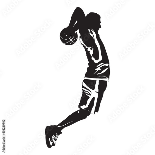 Professional basketball player silhouette shooting ball into the hoop, vector illustration. Slam dunk shooting technique