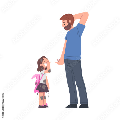 Astonished Bearded Dad Looking at His Daughter Standing in Clothes with Mud Splashes Vector Illustration