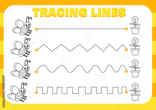 Trace line worksheet for kindergarten.Printable worksheet for kids.Cartoon bees and flowers for coloring book.Straight, zigzag and wavy lines.
