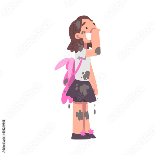 Little Girl Standing with Splashes of Mud on Her Clothing Vector Illustration