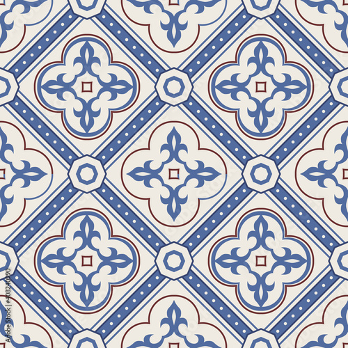 Seamless Damask pattern. Majolica pottery tile, colorful azulejo, original traditional Portuguese and Spain decor. Seamless pattern with Victorian motives. Vector illustration.
