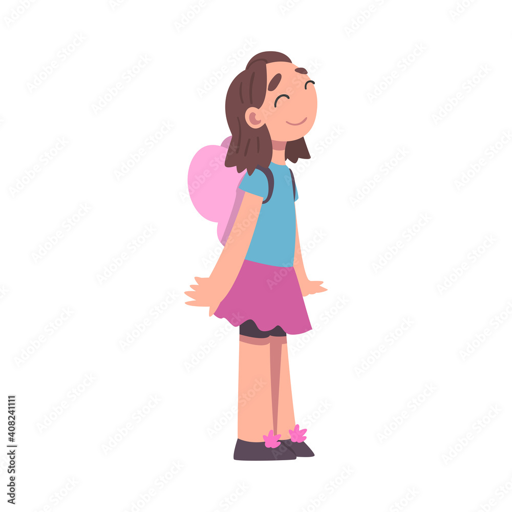 Cute Girl with Pink Backpack Standing Looking Up Vector Illustration