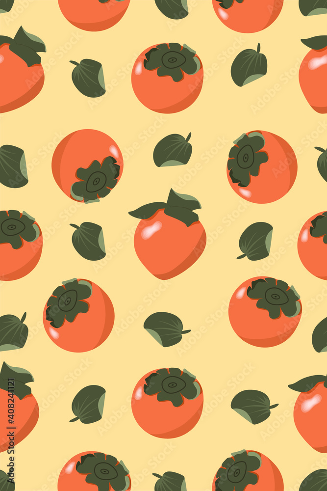 Fototapeta premium A pattern with persimmon fruits and leaves. Print for fabric. Persimmon. Background.