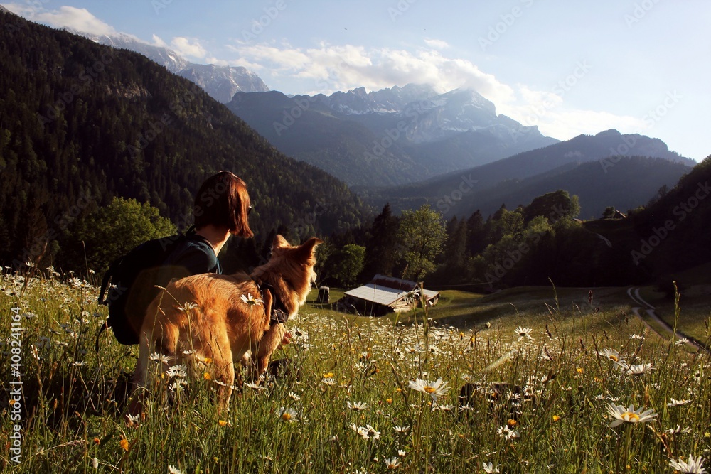 Mädchen und Hund in den Bergen